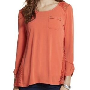 Chico's Top Women Leah Lace Back Orange Roll Tab Sleeve Pocket Size 2 Relax Fit